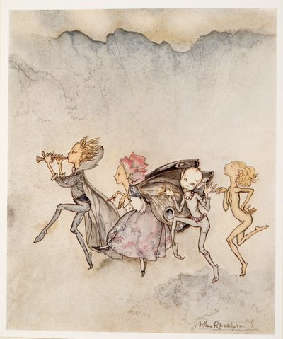 Mindegyik, megbotlik a lábujjában, felmosóval és kaszálóval lesz itt, William Shakespeares illusztrációja: A vihar, kocsma. 1926 alkotó: Arthur Rackham
