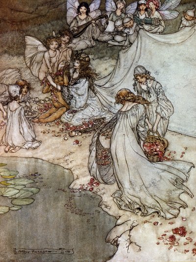 Rózsa nyakláncot készítő manók. Illusztráció: Arthur RACKHAM (1867-1939) William SHAKESPEARE: Egy nyári éjszaka álmához alkotó: Arthur Rackham