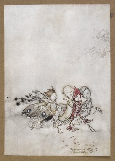 Lépjen be a Peaseblossom, a Cobweb, a Moth és a Mustármag. Jelenet a Szentivánéji álomból. alkotó: Arthur Rackham