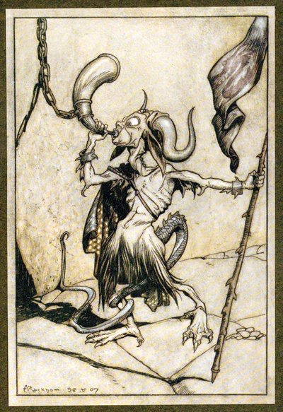 A Barbakán-torony kapujánál hangos, húsz trombitás erejével megfújták a kürtöt, 1907. alkotó: Arthur Rackham