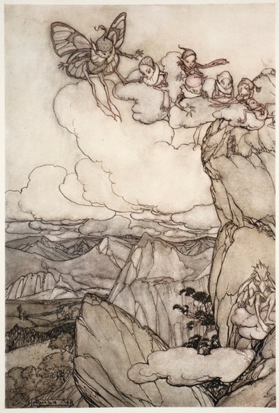 Tündérek a hegyekben, Rip Van Winkle-től Washington Irvingtől, kocsma. 1910 alkotó: Arthur Rackham