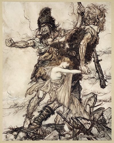 Fasolt hirtelen megragadja Freiát, és féloldalra rántja Fafnerrel, a Rajnaarany és a Valkűr illusztrációja, 1910 alkotó: Arthur Rackham