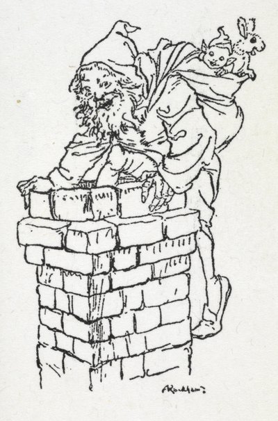 Mikulás mászik le a kéményen egy zsák ajándékkal alkotó: Arthur Rackham