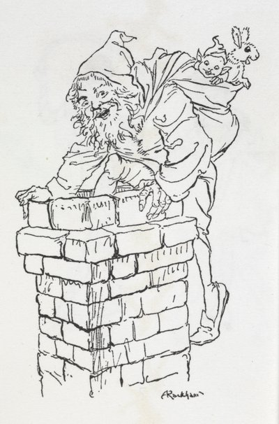 Mikulás ajándékokkal a kéménybe mászni alkotó: Arthur Rackham
