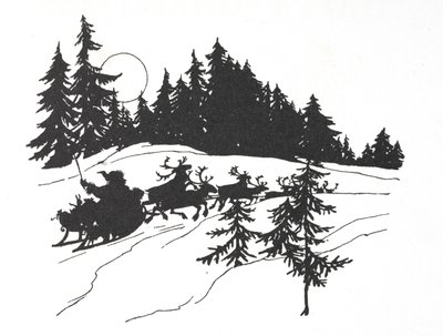 Mikulás egy havas erdőben utazik a szánján alkotó: Arthur Rackham