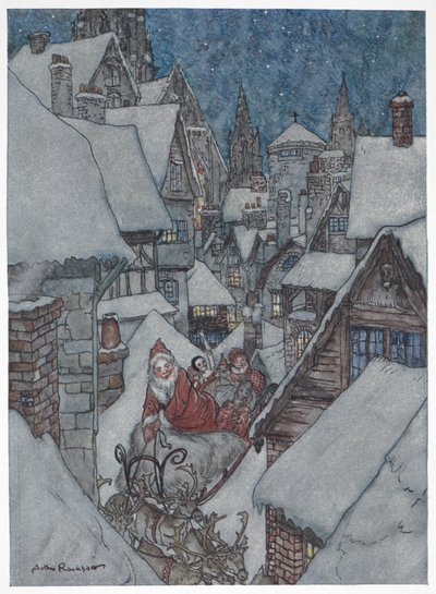 Mikulás havas utcákon utazik a szánján alkotó: Arthur Rackham