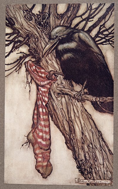 Évekig csendben megtömte a harisnyáit, a Kensington Gardensben található Peter Pan-től, J M Barrie (1860-1937), pub. 1906 alkotó: Arthur Rackham