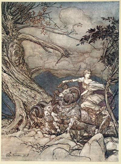 „Fricka mérgesen közeledik”, 1910. alkotó: Arthur Rackham