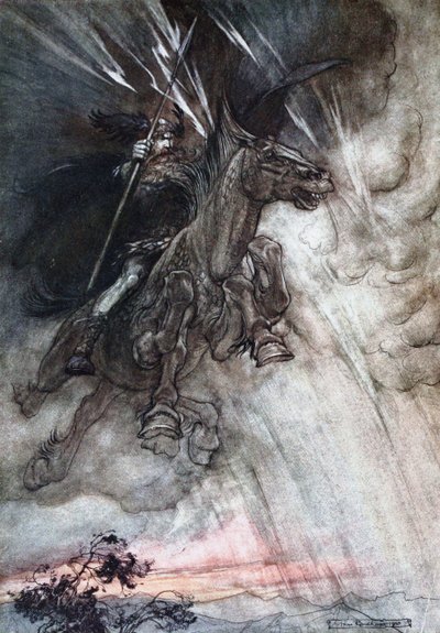 Wotan dühösen a sziklához lovagol. Illusztráció a Rajna aranyhoz és a Valkűrhöz, Richardtól alkotó: Arthur Rackham