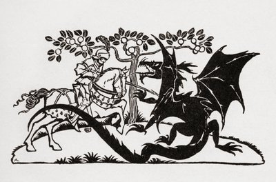 George és a sárkány. Az F.A. Steel által újra elmondott English Fairy Tales, Arthur Rackham illusztrációival, 1927-ben megjelent könyvéből. alkotó: Arthur Rackham