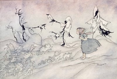 Gerdát megrémíti a Hókirálynők elővédje, de azt mondta, hogy Miatyánk, és kis fényes angyalok mentették meg, illusztráció Hans Christian Andersen Hókirálynőjéből, 1932-ben (wc & i alkotó: Arthur Rackham