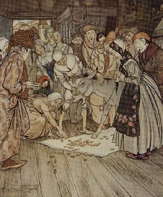 "Aranydarabok hullottak a ruhára" illusztráció a "Mosóasztal, aranyszamár és bunkó" című meséhez a Grimm testvérek meséiből. alkotó: Arthur Rackham
