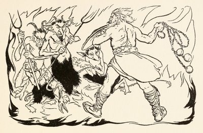 Goll mac Morna a pokolba támad, hogy megmentse Fionnt és a Fianna-Finnt az ír tündérmesékben szereplő The Little Brawl at Allenből alkotó: Arthur Rackham