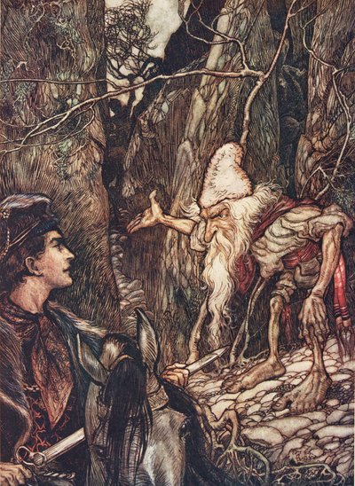 Jó törpe, nem tudnád megmondani, hol vannak a testvéreim? a Grimm testvérek tündérmeséiből, pub. 1909 alkotó: Arthur Rackham
