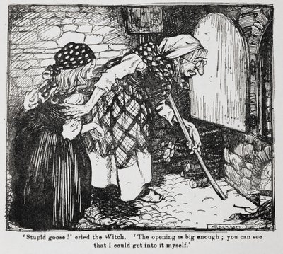 Grethel és az öreg boszorkány a sütő mellett Hanseltől és Gretheltől. alkotó: Arthur Rackham