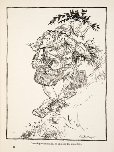 Folyamatosan nyögve felmászott a hegyre, a Little Brother & Little Sister és a Grimm testvérek más meséiből, pub.1917 (litho) alkotó: Arthur Rackham