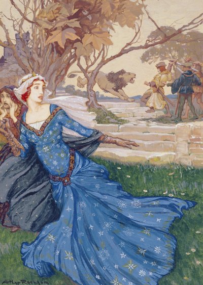 Guinevere-t megmentette La Cote Male Taile, illusztráció a Régi mesék történeteinek gyűjteményéből: Grimm, Andersen és Arthur király történetei, 1905-ben (testszín papíron) alkotó: Arthur Rackham