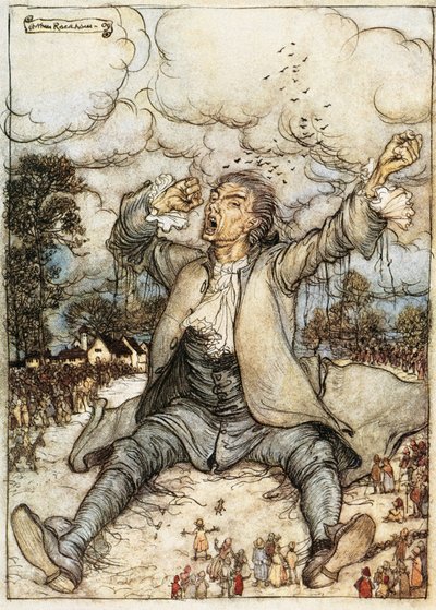 Gulliver ébredt Lilliputban, Illusztráció a Gulliver utazásaiból, Jonathan Swift, Arthur Rackham alkotó: Arthur Rackham