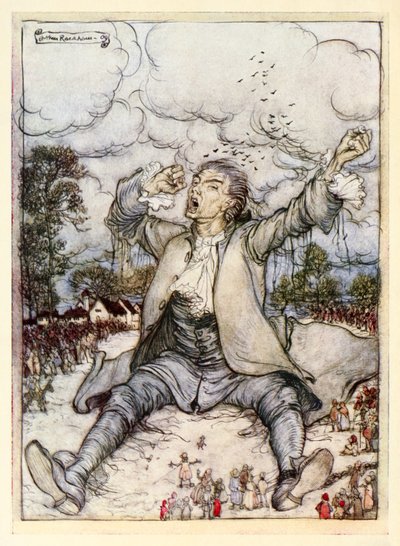 A húrok alól kiszabadult Gulliver felemeli és kinyújtja magát az I. részből: Utazás Lilliputhoz a Gullivers utazásaiban, Jonathan Swift alkotó: Arthur Rackham
