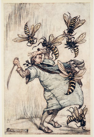 Gulliver harca a darazsakkal, Jonathon Swift (1667-1745) Gulliver utazásaiból, pub. 1909 (színes litó) alkotó: Arthur Rackham