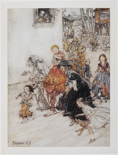 – Hark! Hark! A kutyák ugatnak. Karakterek gyűjteménye, köztük egy bolond, idős nők és gyerekek, akik az utcákon sétálnak. alkotó: Arthur Rackham