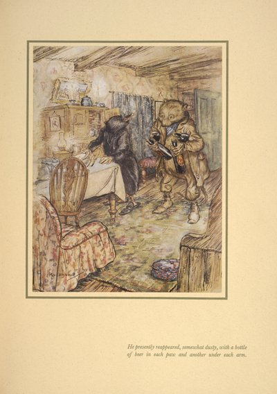 Hamarosan újra megjelent, kissé porosan, karja alatt minden sörben egy-egy üveg sörrel. alkotó: Arthur Rackham