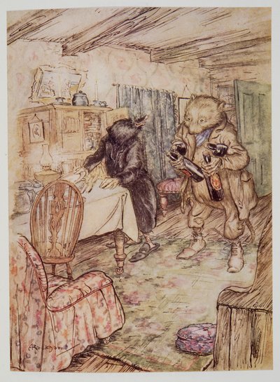 Hamarosan újra megjelent, kissé porosan, mindkét mancsában egy-egy üveg sörrel, a hóna alatt pedig egy-egy üveg sörrel Kenneth Grahame (1859-1932) kocsmájából. 1940 alkotó: Arthur Rackham