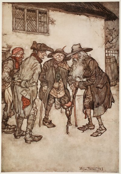 Hamar rátalált sok korábbi cimborájára, bár az idő elhasználódása miatt annál rosszabb. A Washington Irving által készített Rip Van Winkle-től, a kocsmától. 1910 alkotó: Arthur Rackham