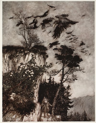 Csak egy csapat tétlen varjú válaszolt neki. Rip Van Winkle-től Washington Irving, kocsma. 1910 alkotó: Arthur Rackham