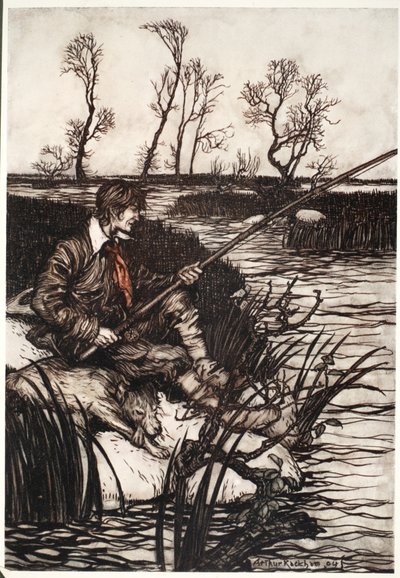 Egész nap egy vizes sziklán ült és horgászott. Rip Van Winkle-től Washington Irvingtől, kocsmából. 1910 alkotó: Arthur Rackham