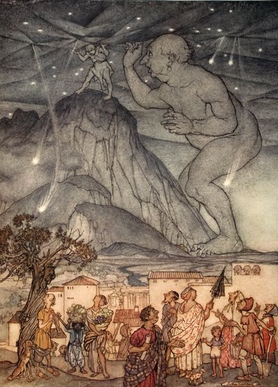 Herkules nagyot rántott a vállával, illusztráció Nathaniel Hawthorne "A Wonder Book for Girls and Boys" című könyvéből, 1928. alkotó: Arthur Rackham