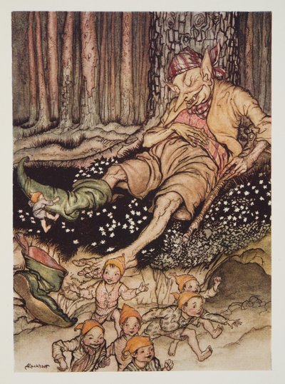 Hop-o-hüvelykujj halkan felment az Ogre-ba, és lehúzta hétbajnoki csizmáját, a The Arthur Rackham Fairy Book kocsmából. 1933 alkotó: Arthur Rackham