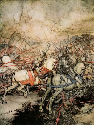 Hogyan rántotta ki Arthur a kardját, az Excaliburt először, illusztrációja Alfred W. Pollard „Artúr király és a kerekasztal lovagjai románca” című művéből, 1910 alkotó: Arthur Rackham