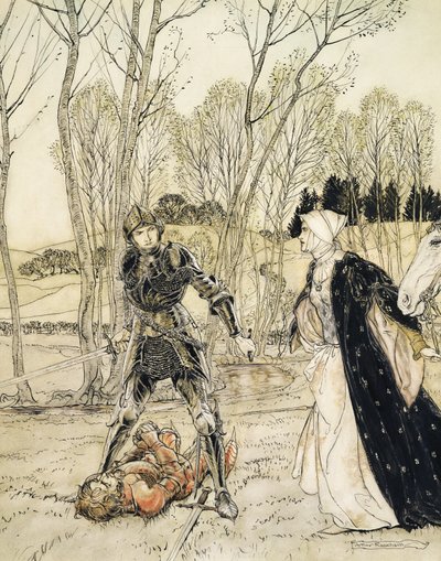 Hogyan győzte le Beaumains a Vörös Lovagot, és a damosel mindig sok csúnya szót szólt hozzá (toll, tinta és wc) alkotó: Arthur Rackham