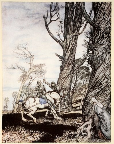 Hogyan ölte meg Sir Launcelot a lovagot, Sir Peris de Forest Savage-et, ami szorongatta a hölgyeket, damoseleket és úriasszonyokat, illusztráció „Artúr király és a kerekasztal lovagjainak románcából” A. alkotó: Arthur Rackham