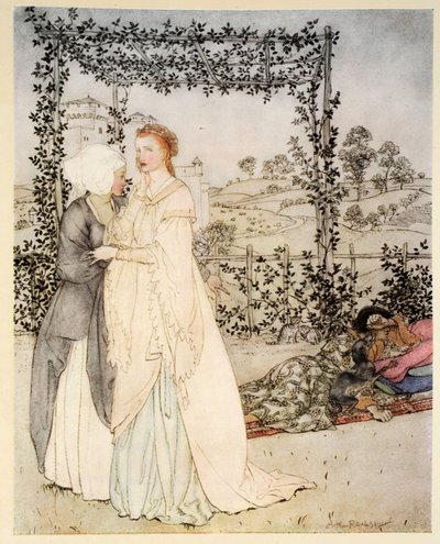 Hogyan ismerte Tristramot a kis brachet Márk király kastélyának kertjében, illusztráció Alfred W. Pollard „Artúr király és a kerekasztal lovagjai románcából”, 1910 (l szín alkotó: Arthur Rackham