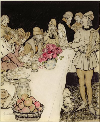Hogy egy nagy lakomán, amelyet Márk király rendezett, eljött Eliot, a hárfás, és elénekelte a fekvést, amit Dinadan készített (toll és tinta, wc) alkotó: Arthur Rackham