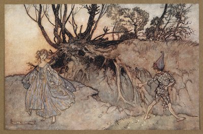 – Hogyne, lélek! Merre vándorolsz? Korong és egy tündér. Jelenet a Szentivánéji álomból. alkotó: Arthur Rackham
