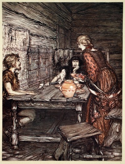 „Hunding felfedezi a hasonlóságot Siegmund és Sieglunde között”, 1910. alkotó: Arthur Rackham