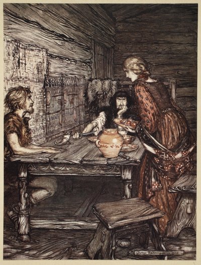 Hunding felfedezi a hasonlóságot Siegmund és Sieglunde között, illusztráció a „The Rhinegold and the Valkyrie” 1910-ben. alkotó: Arthur Rackham