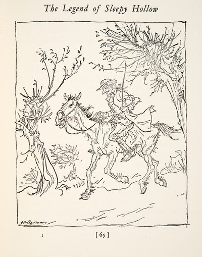 Ichabod Crane menekül a fejetlen lovas elől, Washington Irving (1783-1859) The Legend of Sleepy Hollow című kocsmájából. 1928 alkotó: Arthur Rackham