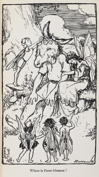 Illusztráció a Szentivánéji álomból tündérekkel és egy szamárfejű emberrel. alkotó: Arthur Rackham