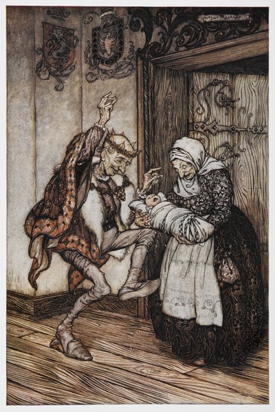 Illusztráció Briar Rose-tól, egy idős királyról és királynőről, valamint a babájukról. alkotó: Arthur Rackham