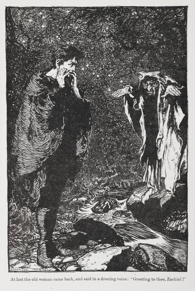 Illusztráció: Jorinda és Joringel, Zachiel és az öregasszony. alkotó: Arthur Rackham