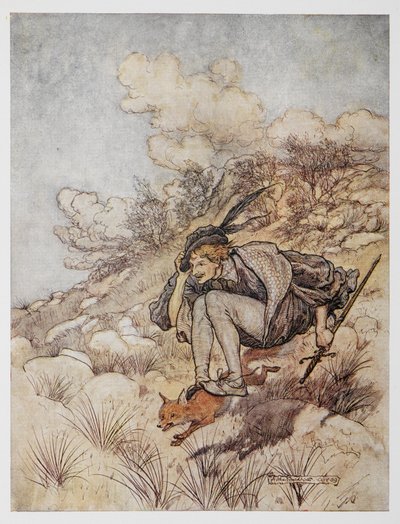 Illusztráció az Aranymadárból. Rókán lovagló herceg. alkotó: Arthur Rackham