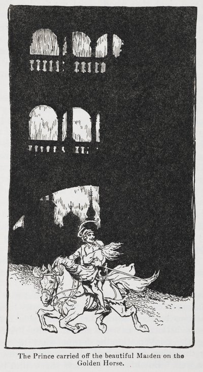 Illusztráció az Aranymadárból, amikor a herceg elviszi a leányzót lóháton. alkotó: Arthur Rackham