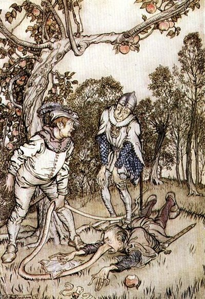 Illusztráció a Grimm testvérek tündérmeséiből: „Az orrfa”. alkotó: Arthur Rackham