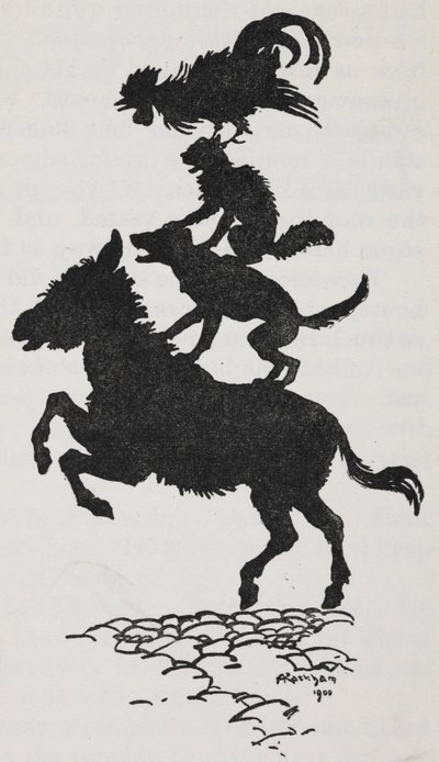 Illusztráció a brémai zenészekből egy szamár, kutya, macska és kakas. alkotó: Arthur Rackham