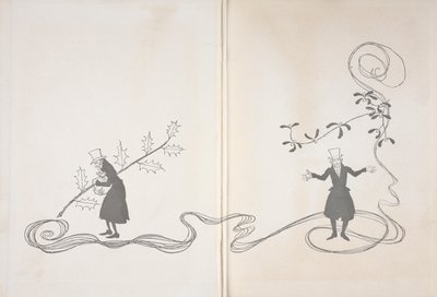 Scrooge illusztrációja. Az egyik oldalán egy magyalszál ábrázolja, egy zacskó pénzt szorongatva és dühösnek látszik. Másrészt boldognak látszó fagyöngy szálkával van ábrázolva. alkotó: Arthur Rackham