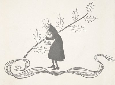 Illusztráció: Scrooge, egy szál magyal ábrázolva, egy zacskó pénzt szorongatva dühösen néz ki. alkotó: Arthur Rackham